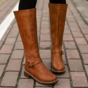 Brown Knee-High Leather Boots Round Toe Block Heels Boots